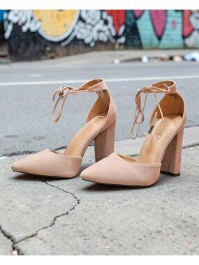 Ankle Strap Block Heel Suede Pumps In Nude Beige For Women